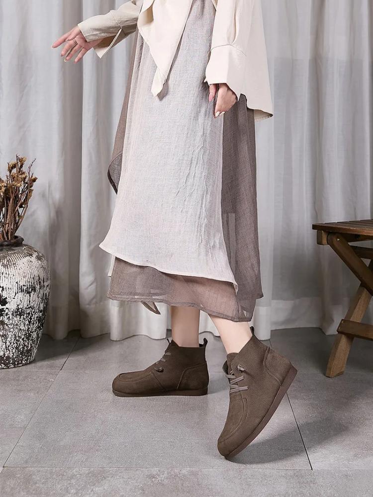 Johnature Retro Genuine Leather Flat Ankle Boots Handmade Soft Cowhide Elastic Band Soft Soled Women's Shoes