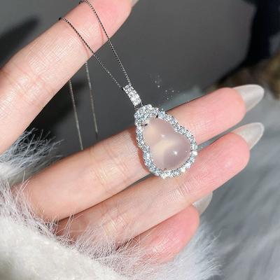 Meili 925 Silver White Agate Gourd Pendant Necklace for Women , New Chinese Style Blessing Diamond Inlaid Minimalist Jew