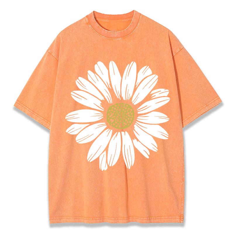 Simple Beautiful Sunflower Prints Washed TShirts Women Cottont Shirts ONeck Oversized Acid Wash Tops Vintage Woman Streetwear