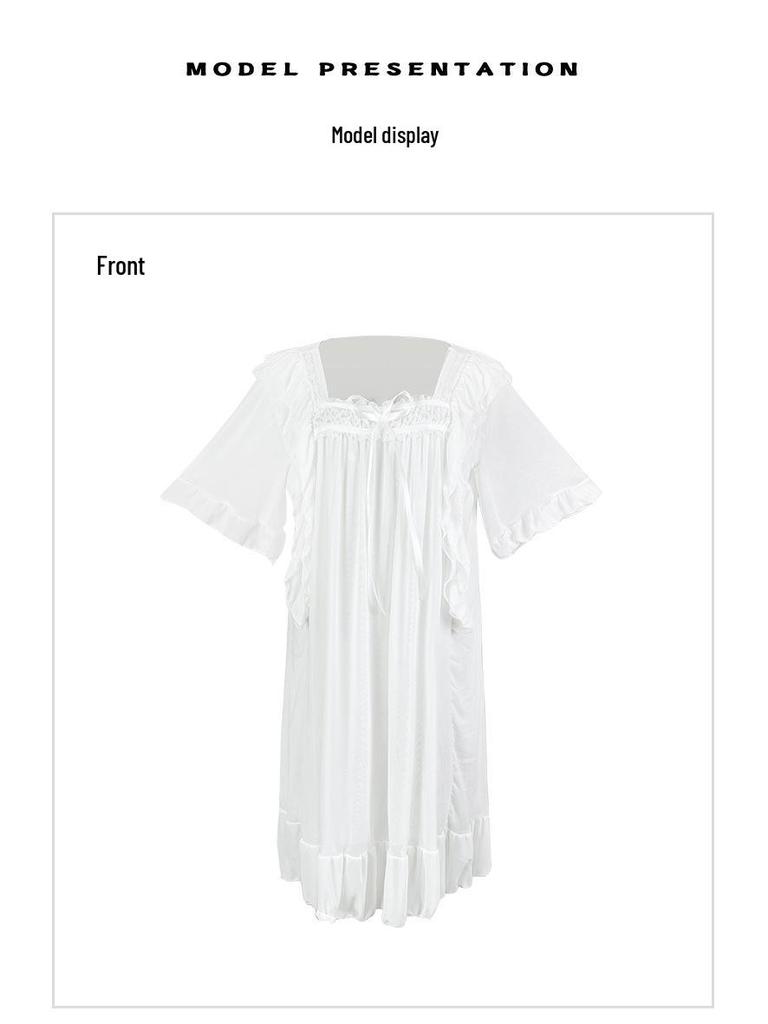 Women's White Fairy Net Yarn Nightgown – Square Neck, Ruffle, Loose Fit, Court Style Loungewear