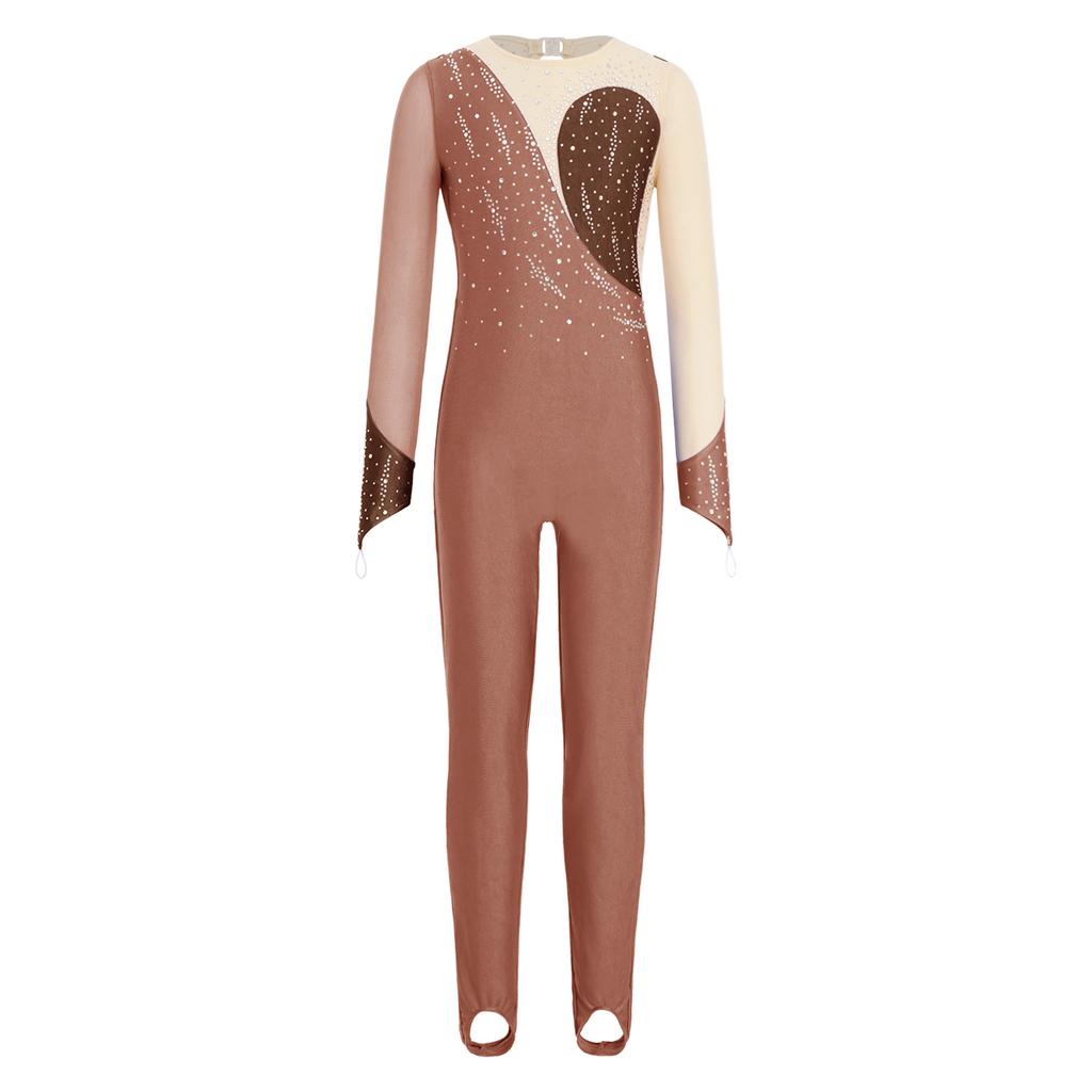 Girls Long Sleeve Finger Holes Keyhole Back Shiny Rhinestones Stirrup Bodysuit Gymnastics Dance Jumpsuit