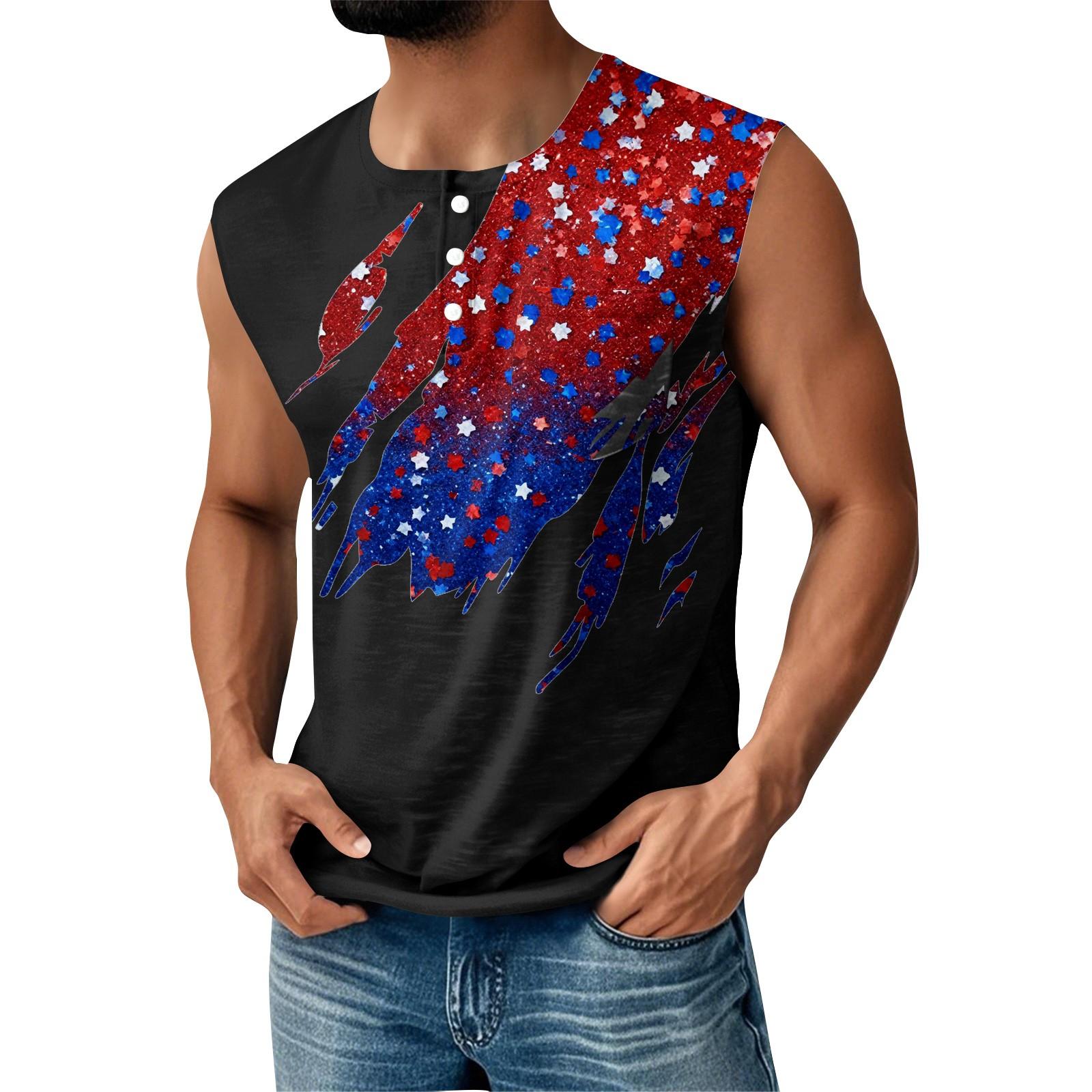 

Мужская летняя майка без рукавов с принтом ко Дню независимости, спортивная, на пуговицах, с карманом M синий