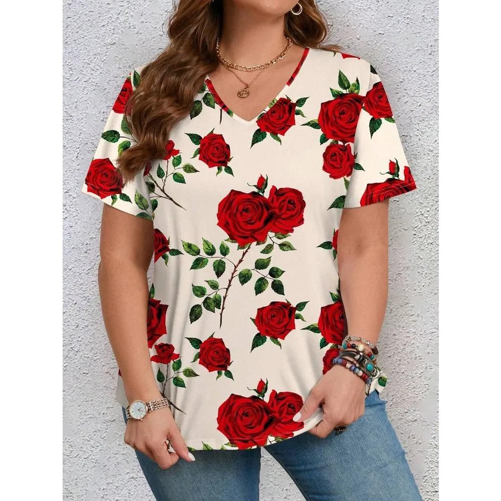 Summer V-neck Flower Pattern 3D Printed Top Fashionable Casual Short Sleeved Plus Size Women's T-shirts