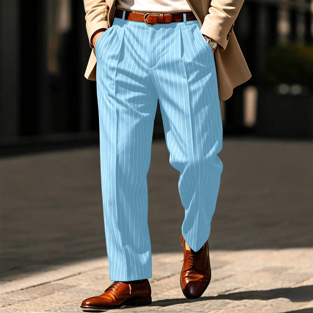 Men's Striped Dress Pants with Elastic Waistband and Button Closure for Business Work