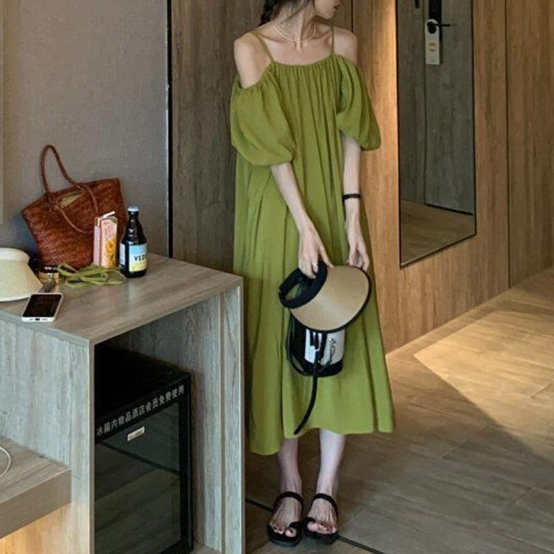 Women's Off-the-shoulder Halter Dress Summer French Line Shoulder Temperament Slimming Beach Dress