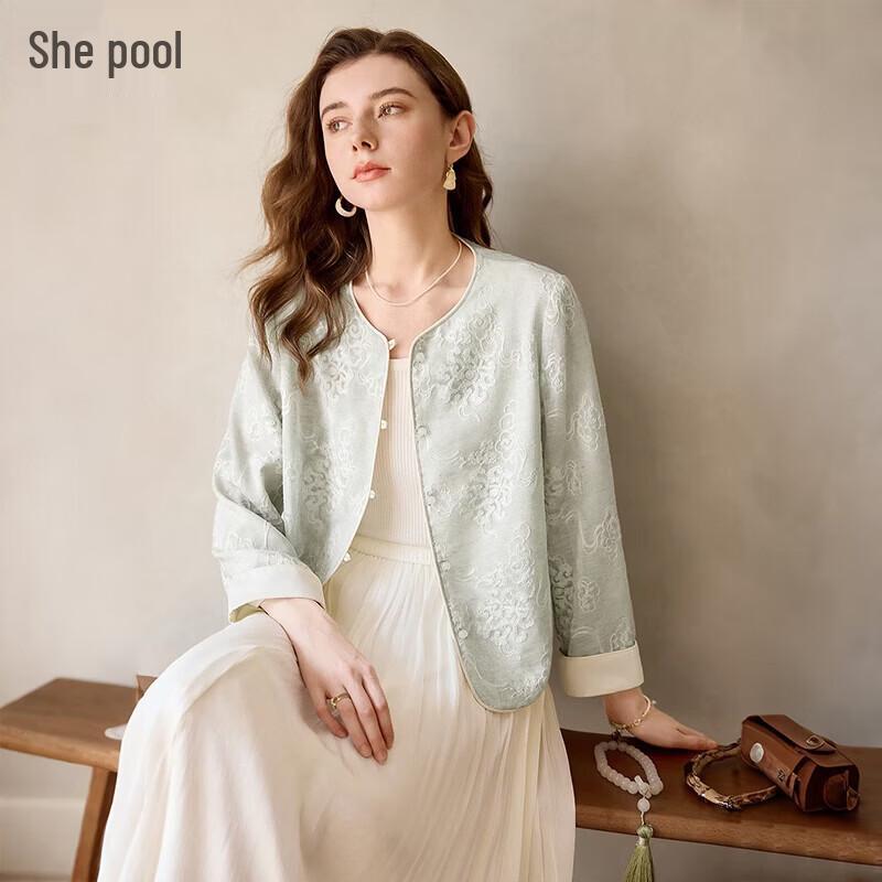 She Chi Women s Linen Blend Jacquard Embroidered Short Jacket L