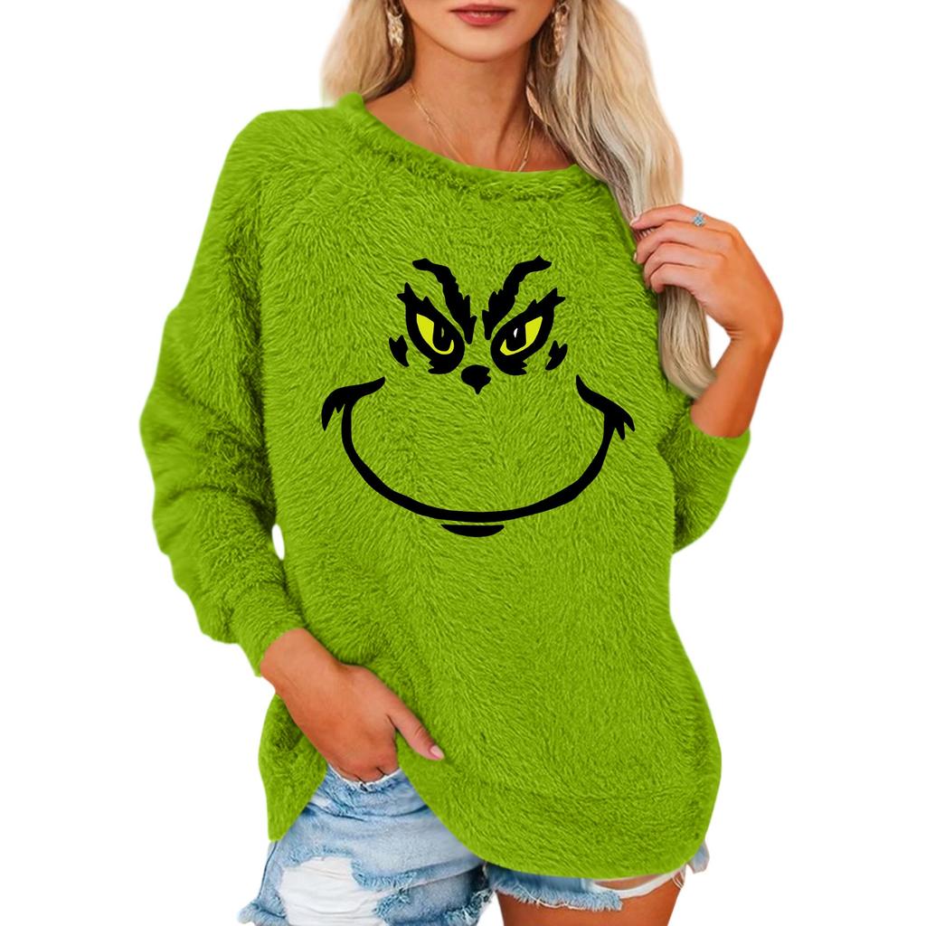 Damen Modischer Rundhals Langarm Weihnachts-Print Lockerer Plüsch Warmer Pullover