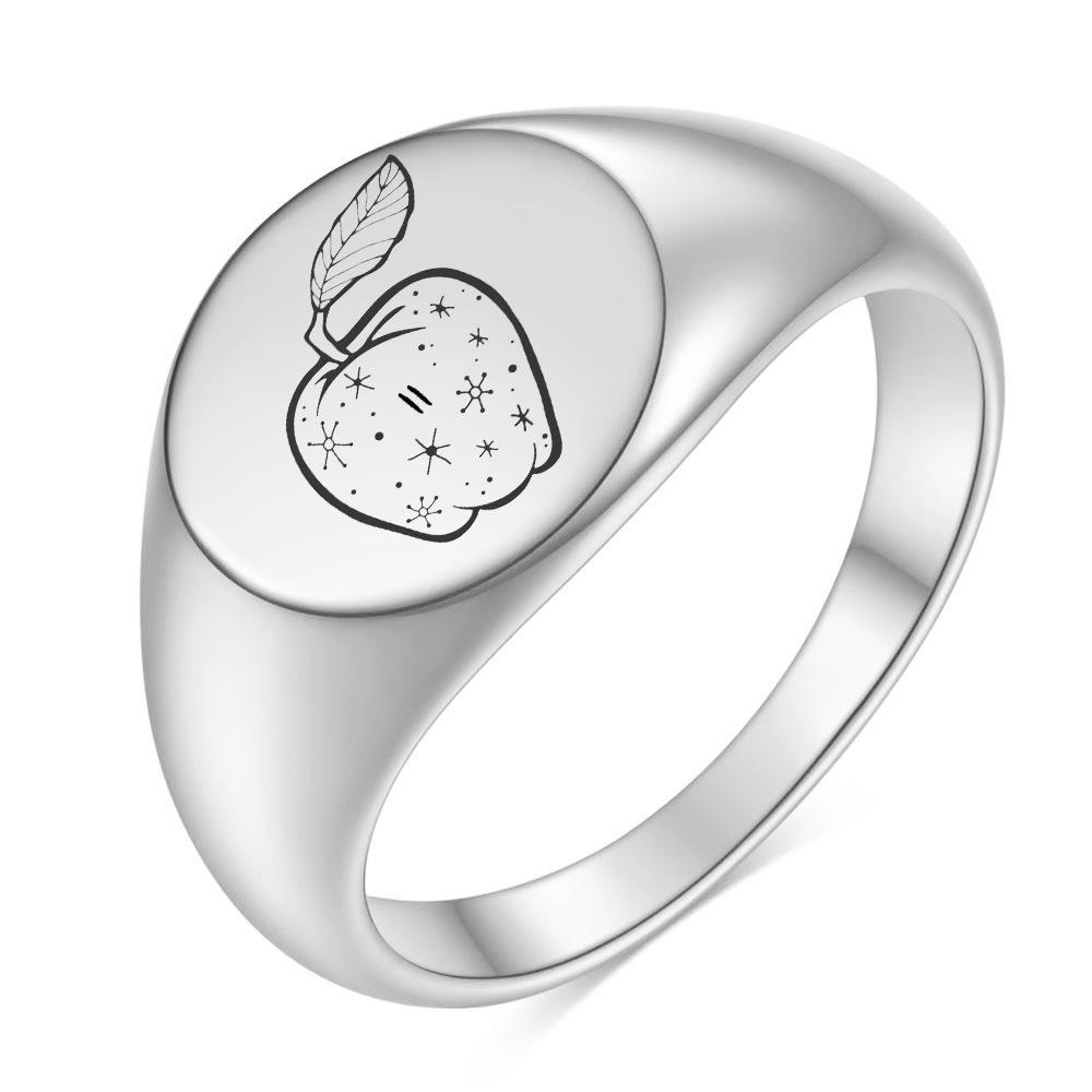 12MM Round Stainless Steel Laser Engraved Apple Ring - 18K Gold Finger Ring Size 10