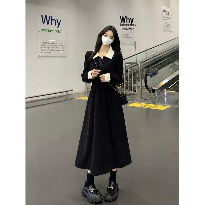 Plus Size Color Block Corduroy Waist-Cinched Long Dress - Women s Autumn/Winter Lapel Style Small чёрный