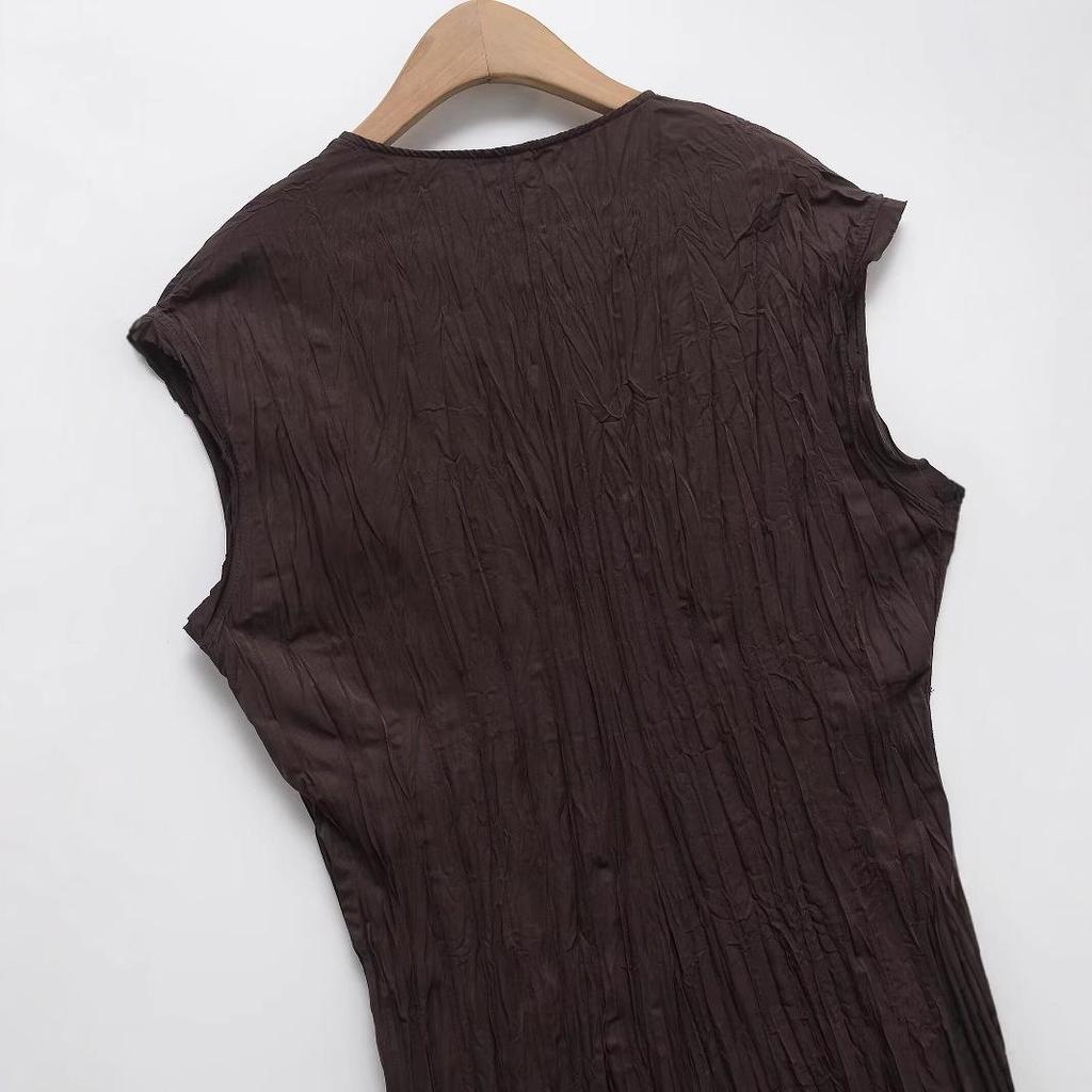 2025 Spring European & American Fashion V-Neck Sleeveless Pleated Long Dress