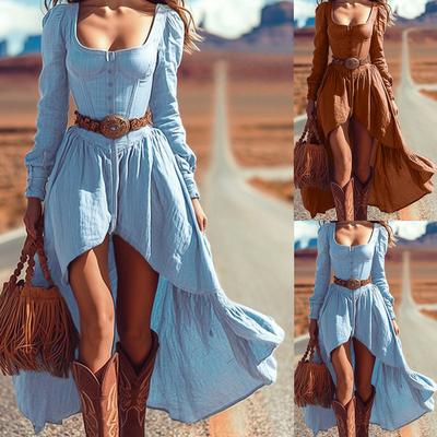 Casual Long Sleeve Women's Vintage Western Cowboy Dress (Without Belt)