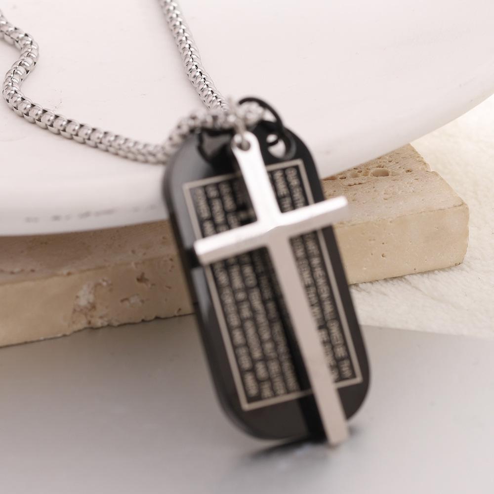 European-American Retro Titanium Steel Cross Dog Tag Pendant Necklace