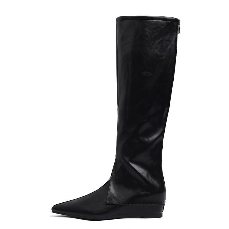 Cowhide version~ Korean version flat bottom but knee boots women's autumn and winter new high boots leather underwear tube boots
