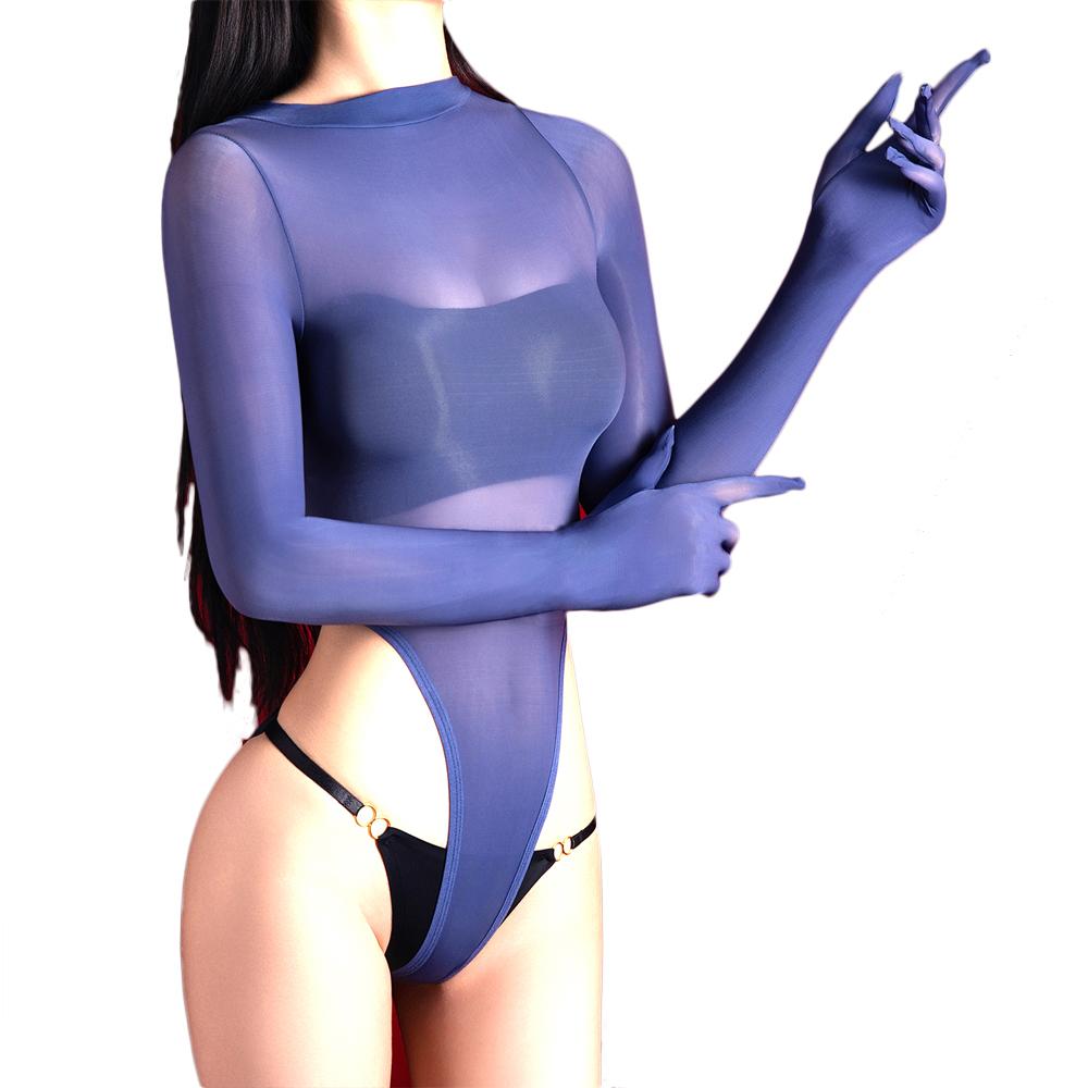 Women Glove Sleeve High Cut Bodysuit 5D Oil Glossy Shiny Open Crotch Tights Elastic Yoga Shaping Maid One Pieces Thong Leotard