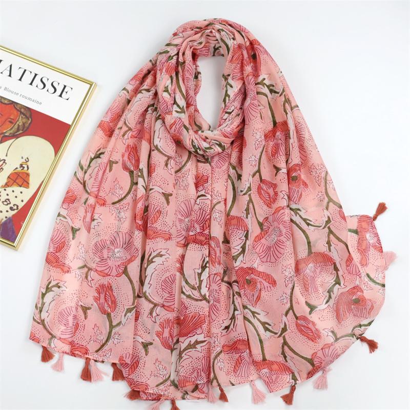 Spain Lovely Poppy Floral Tassel Viscose Shawl Scarf Lady High Quality Wrap Thin Headband Bufandas Muslim Hijab Sjaal 180*90Cm