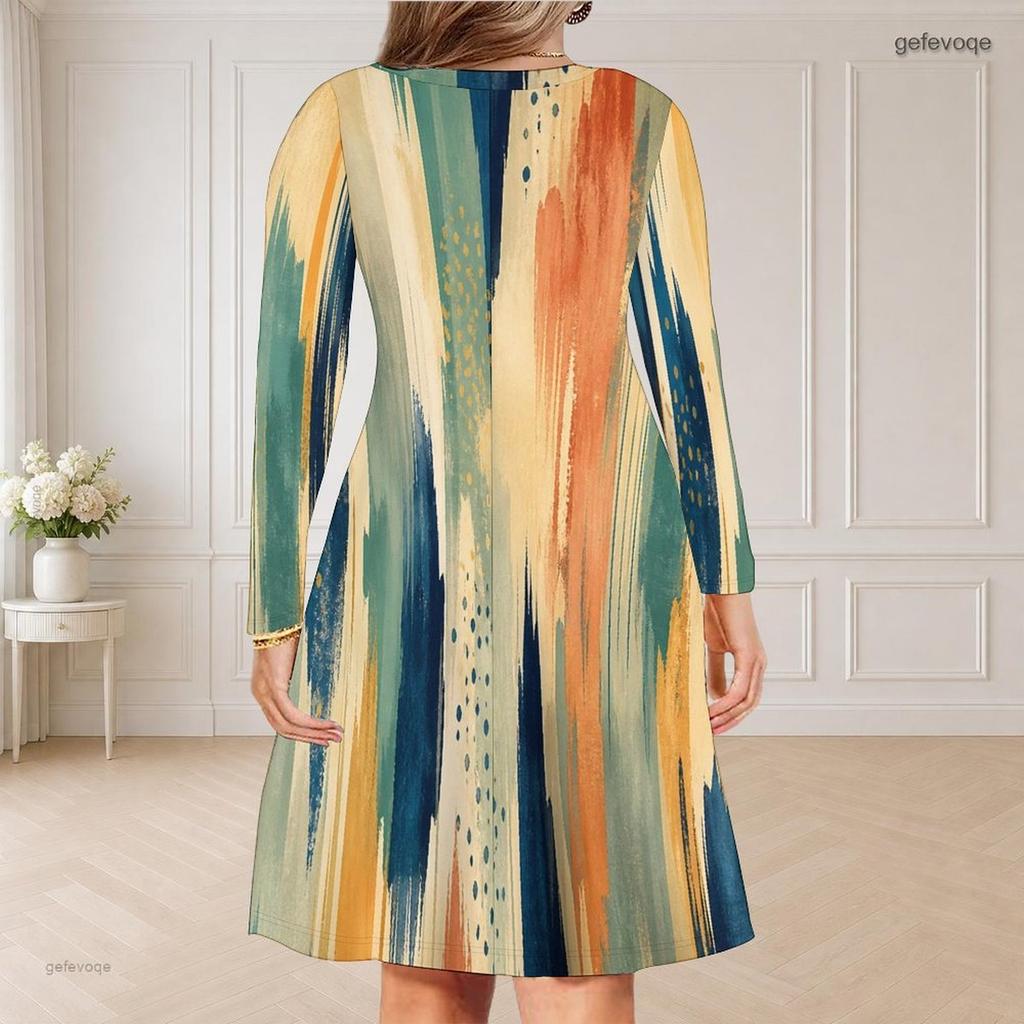 Women Plus Size V Neck Long Sleeve Blue Black Printed Curved Hem Dress