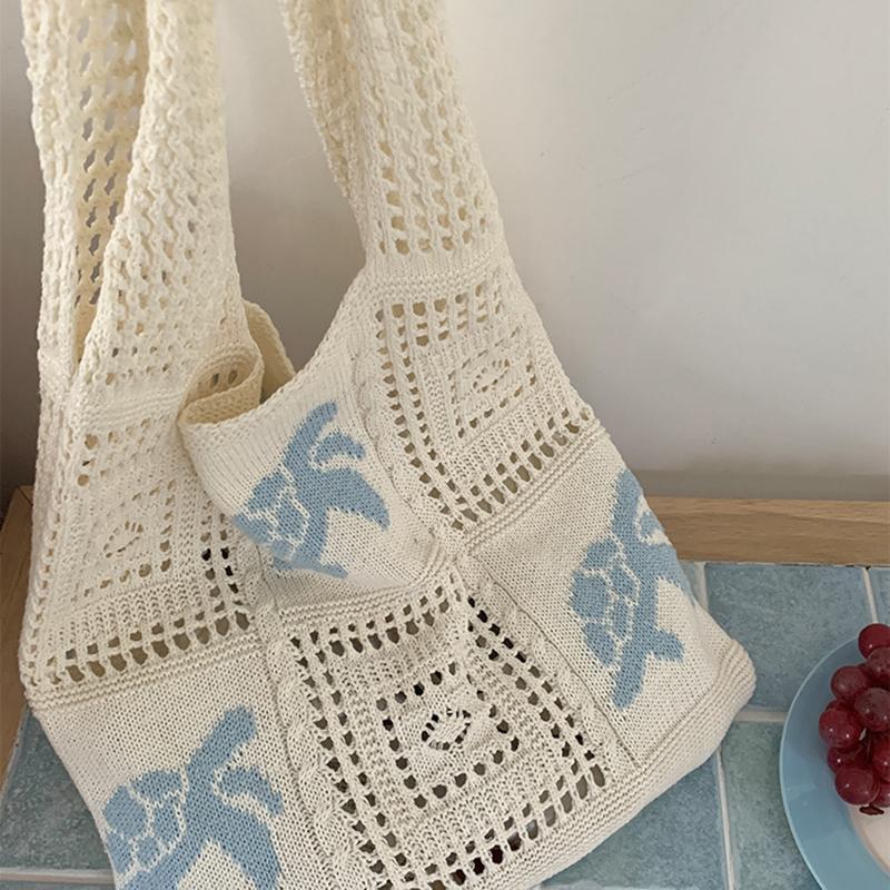Yogodlns Nová háčkovaná taška, Kabelka s velkou kapacitou, Vyšívaná háčkovaná taška s výpletem, Korejská háčkovaná denní kabelka