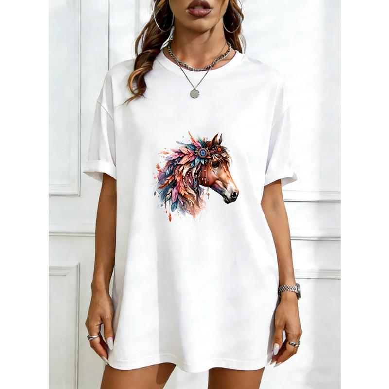 

Oversized T Shirt Dress Black Horse Head With Floral Pattern Casual Wear XXXXL білий