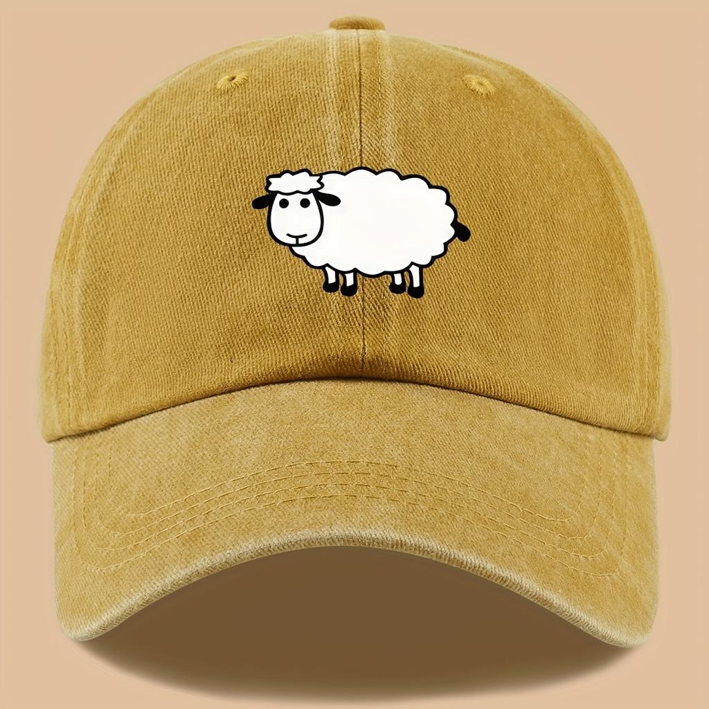 Lamb print truck cap with adjustable retro wash design suitable for outdoor activities, vacations, hiking, fishing