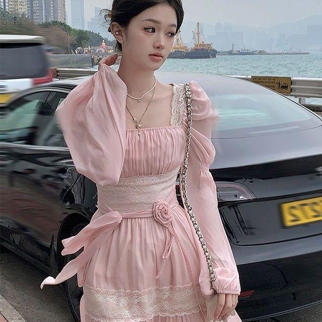 Spring Lace Square Neck Fairy Dress Elegant Waist-Cinching Slim-Fit Chiffon Long Skirt Beach Dress