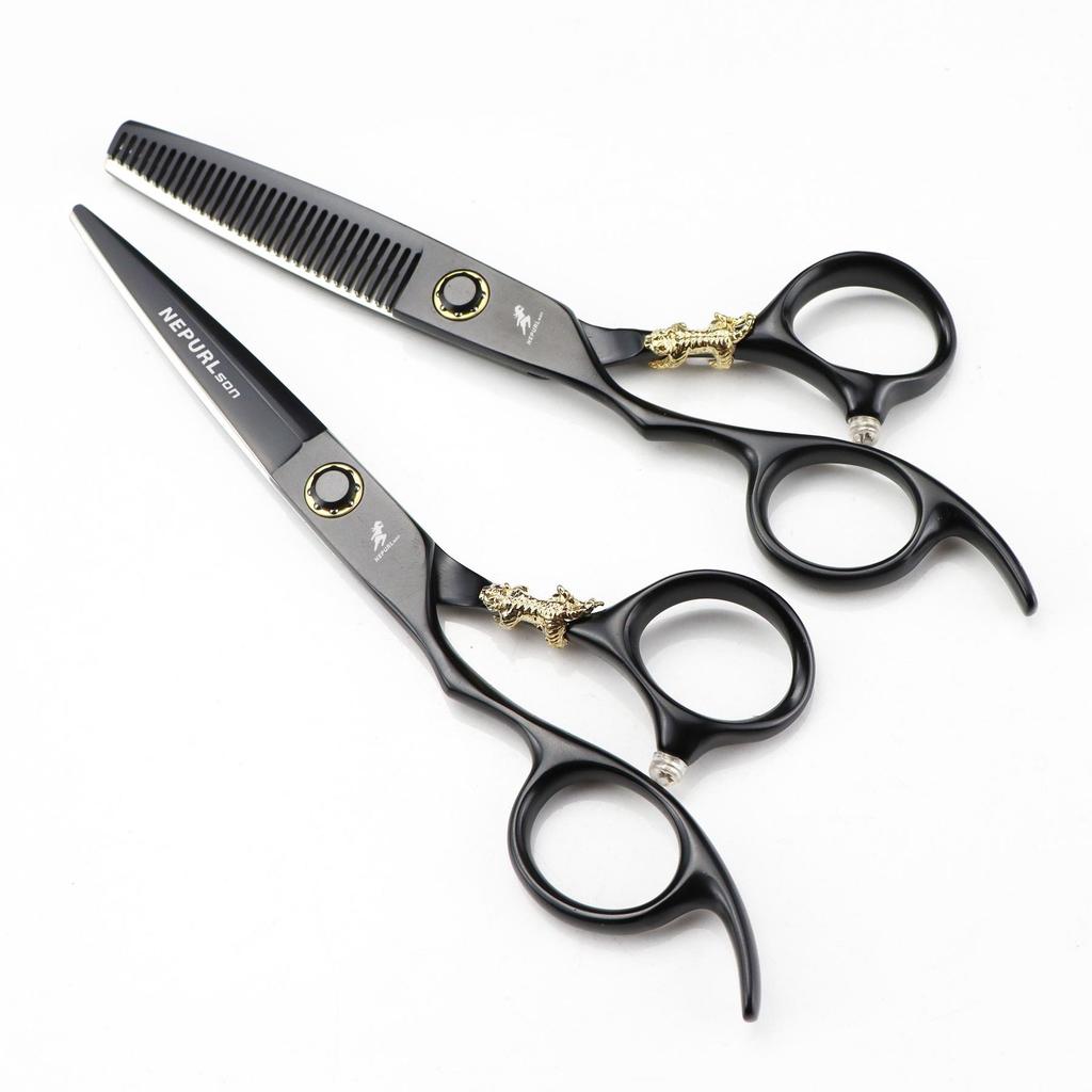 Napsun 6.0-inch Black Gold Tiger Left-Handed Hairdressing Scissors: Straight, Serrated, Thinning Shears (07-1)