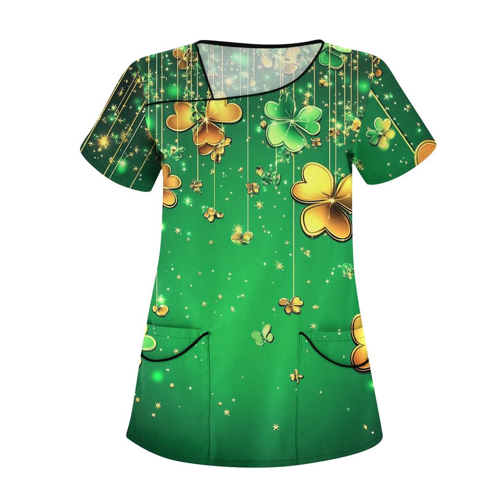 Haut de travail décontracté imprimé à manches courtes et col incliné pour femmes avec doubles poches