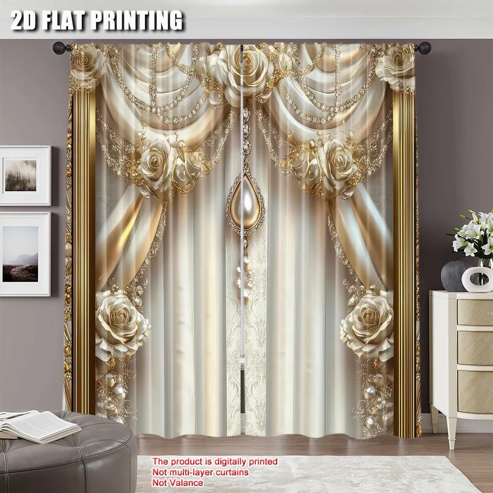 2Pcs Elegant Golden Flower Pattern Curtain For Home Decor Royal Style Curtains For Bedroom Office Kitchen Living Room