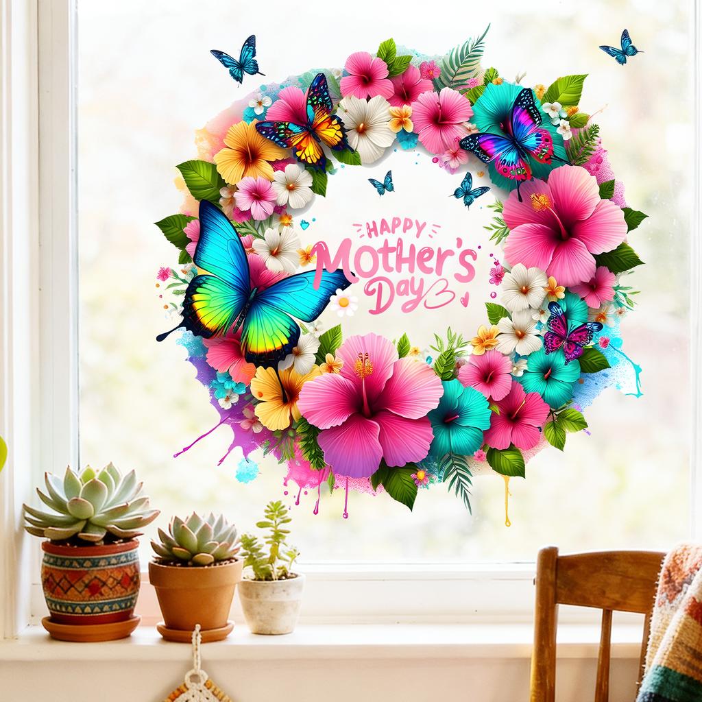 Mother's Day Floral Wreath Static Cling Window Sticker Removable Self-Adhesive for Living Room Bedroom Hallway Balcony Store PVC Glass Decor Art