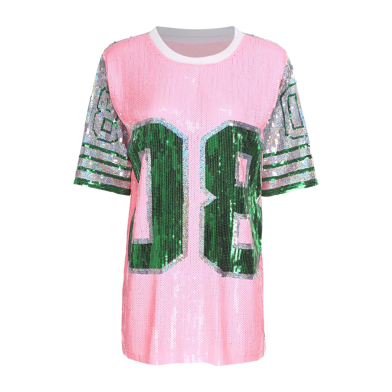 

Womens Shiny Sequin Oversized T Shirt Number Graphic Crew Neck Short Sleeve Color Blocking Sporty Top One Size рожевий