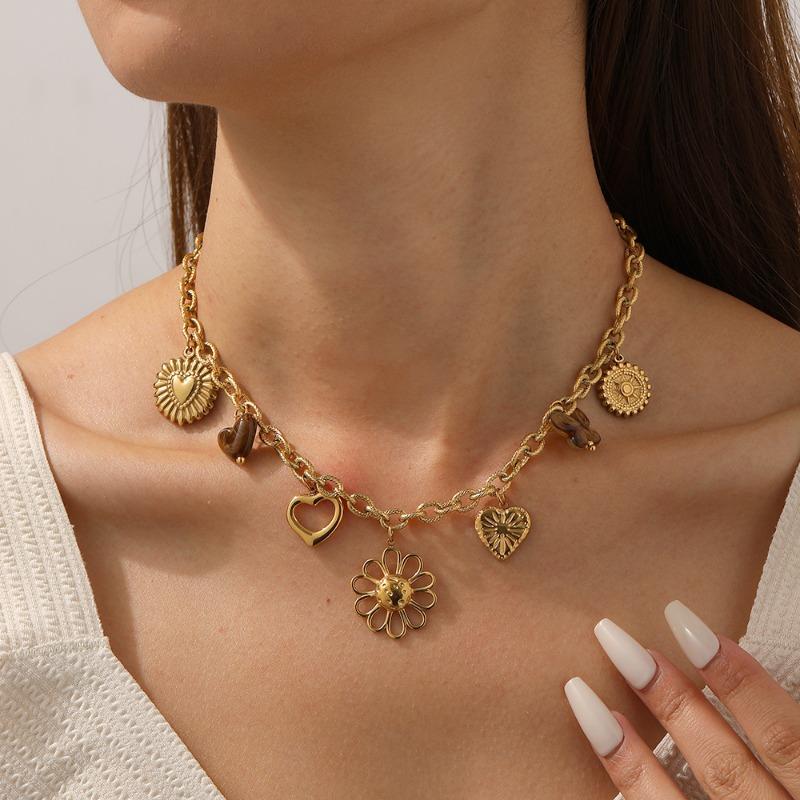 Gold Multi Charm Necklace For Women Stainless Steel Heart Flower Butterfly Pendant Fashion Jewelry