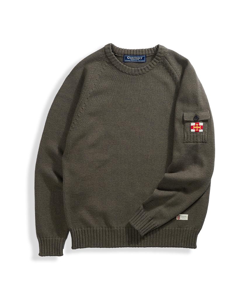 Geonjiulleunseu Cotton Raglan Pocket Sweater - Dark Khaki