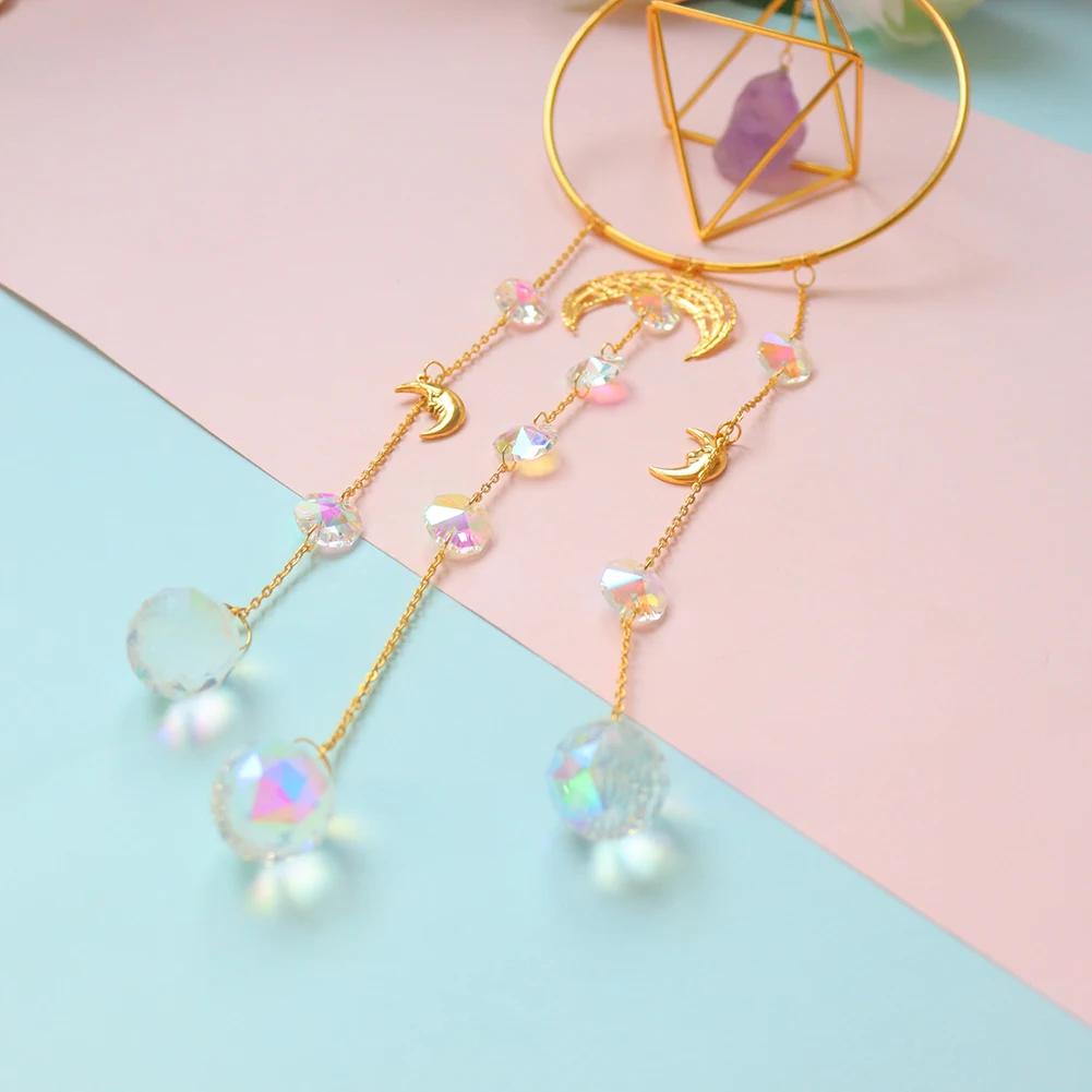 Crystal Wind Chime Star Moon Sun Catchers Windchimes Plated Colorful Beads Hanging Drop for Outdoor Indoor Garden Decor Craft