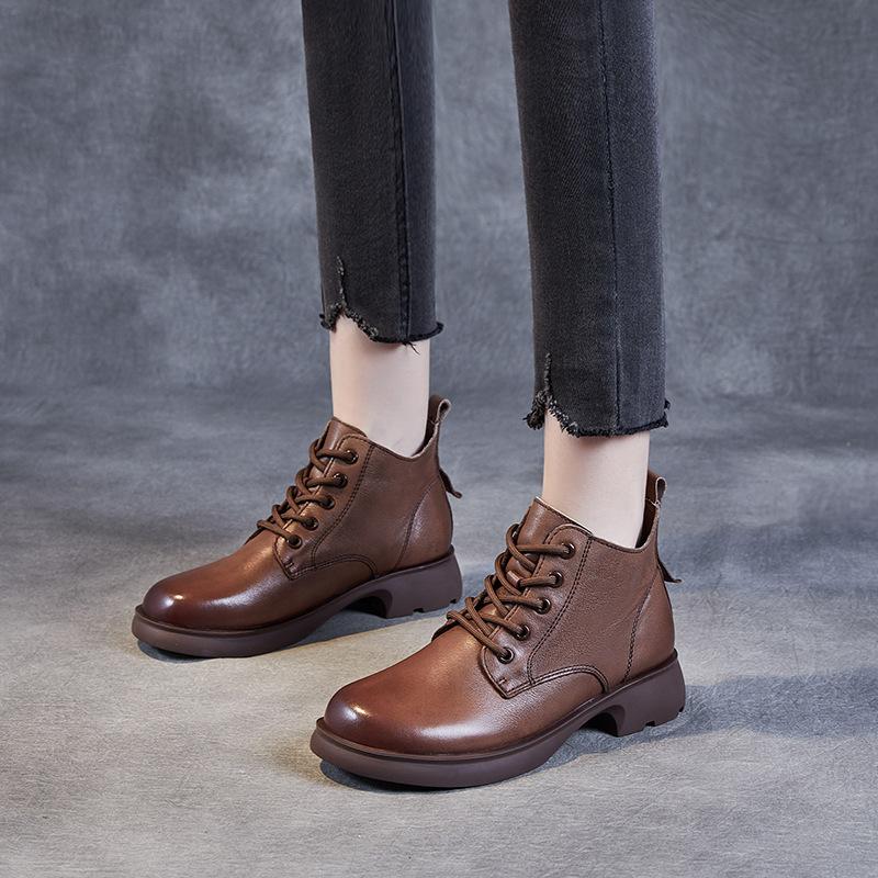2025 autumn and winter new leather retro British Martin boots V-mouth lace-up ankle small short boots thin boots women's boots