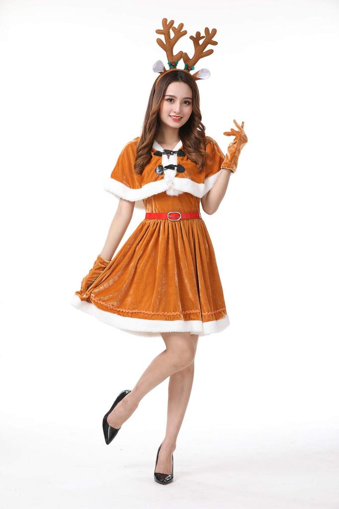 Osseoca Women's Santa Dress, Reindeer Cosplay Costume Set with Bolero, Headband, and Belt, Perfect for Christmas and Parties