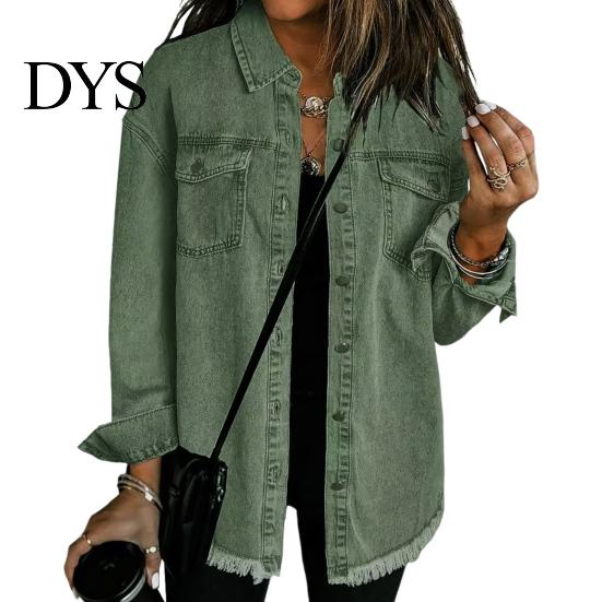 Frayed Hem Jacket Women Denim Coat with Breast Pockets Turn-down Collar Washed Single-breasted Chest Pocket Pure Color Wipped Edge Loose Cardigan Long