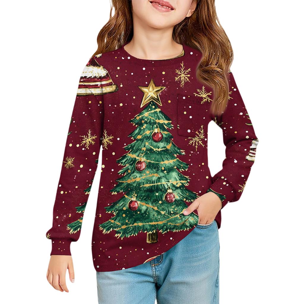 Weihnachtstag Mädchen Langarmbluse - Rundhals Weiche Taille Tunika