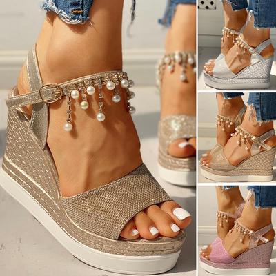Sandy Femmes Compensées Plates-Formes Cristal Perle Talons Hauts Chaussures Sandales