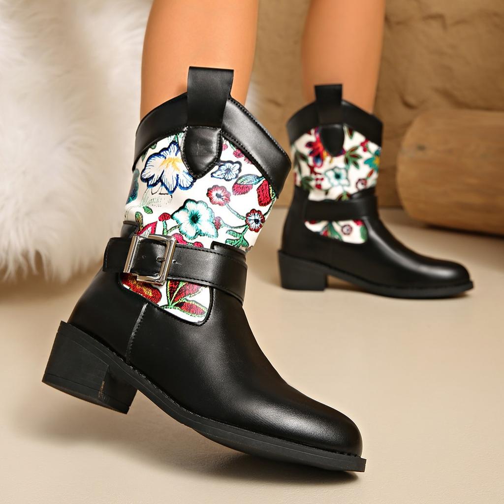 Women's Wide Width Floral Print Martin Boots, Vintage Color Block Ankle Boots, Retro Fashion Lace-Up Booties for Women
