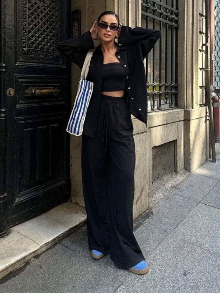 

Повседневный комплект из хлопка и льна однотонной рубашки и широких брюк на кулиске 4XL чёрный