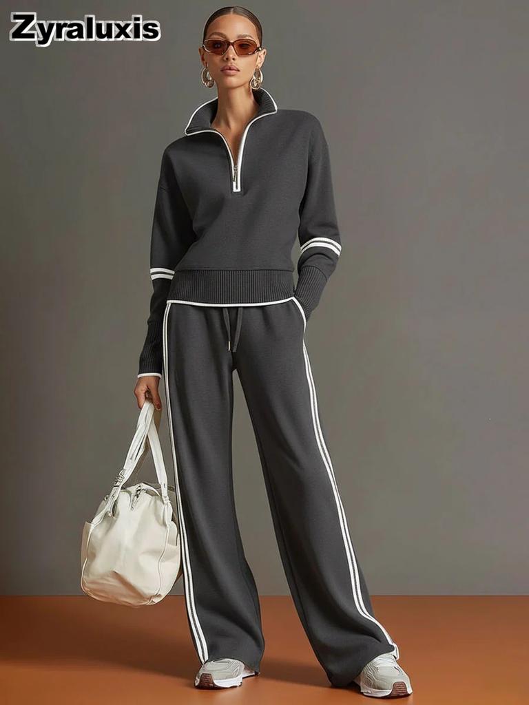 New Casual Sports Set Wind-Breasted Color Block Hoodie Wide Leg Pants Two Piece Outfit