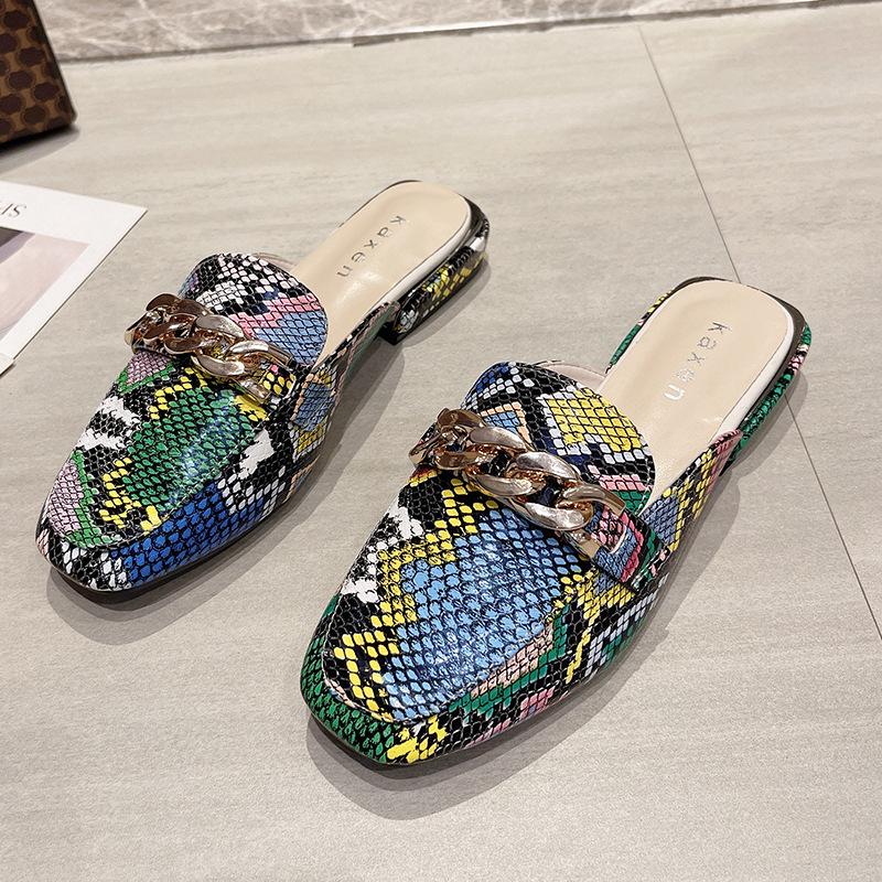 Summer new Baotou half-drag female flat-bottomed snake pattern lazy sandals female