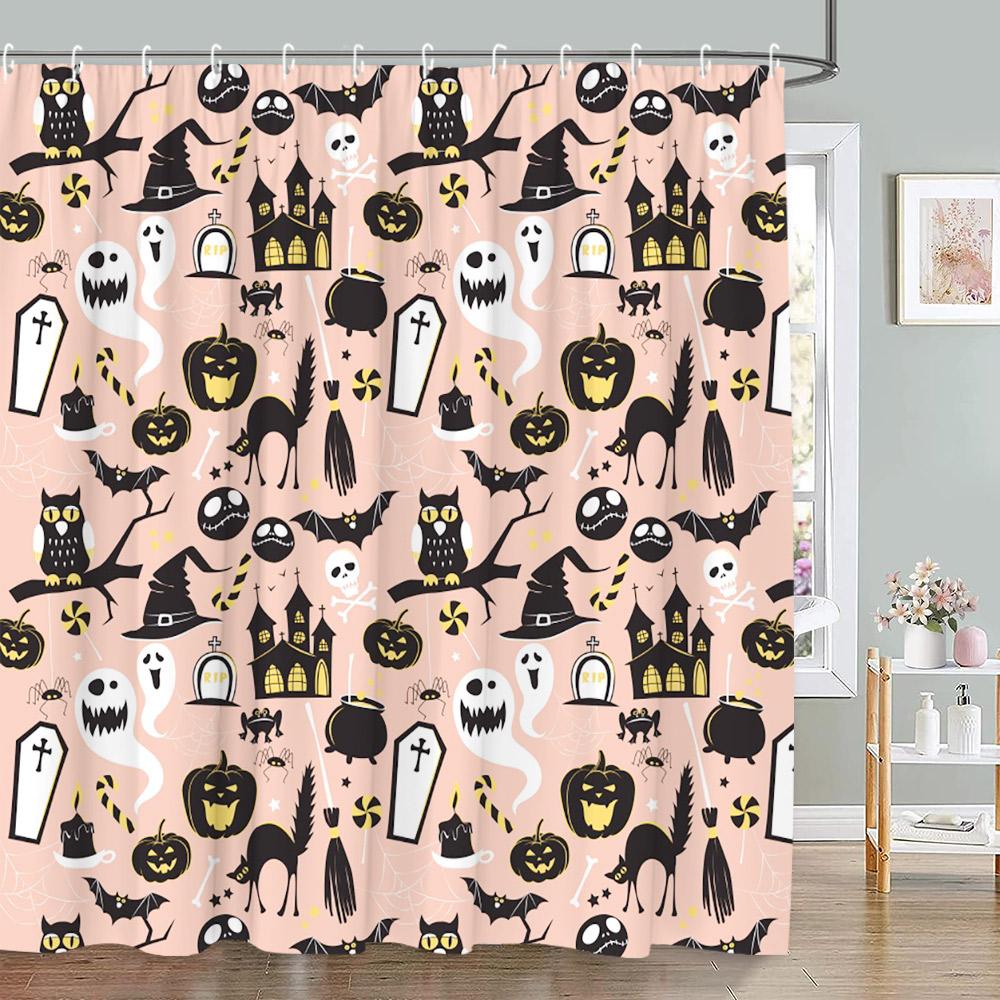 

Skeleton Ghost Shower Curtain Pink Background Fun Halloween Bat Moon Pumpkin Magic Hat Polyester Fabric Bathroom Decor Curtain W60H190(CM)-1 Pcs