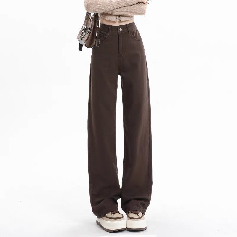 Women's American Vintage Coffee Brown Slim Straight Jeans High Waist Loose Slimming Casual Streetwear Spring Autumn