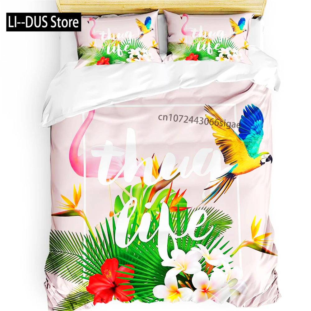 Comforter Parrot King Queen Bedding Set Cute Birds Colourful Feather Tropical Flowers Comforter Polyester