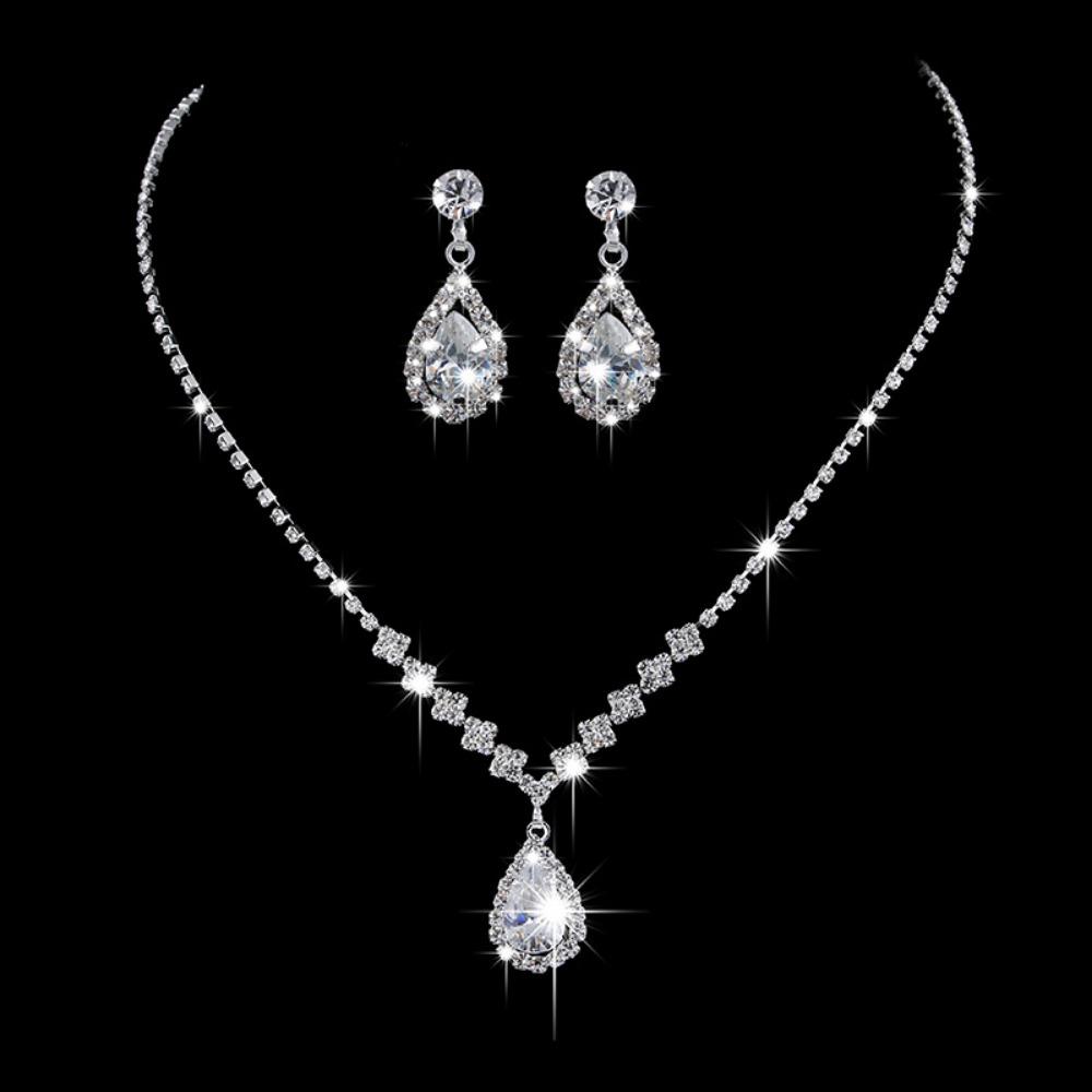 Bright Diamond Zircon Water Drop Necklace Earrings Wedding Jewelry, Shooting Jewelry Set