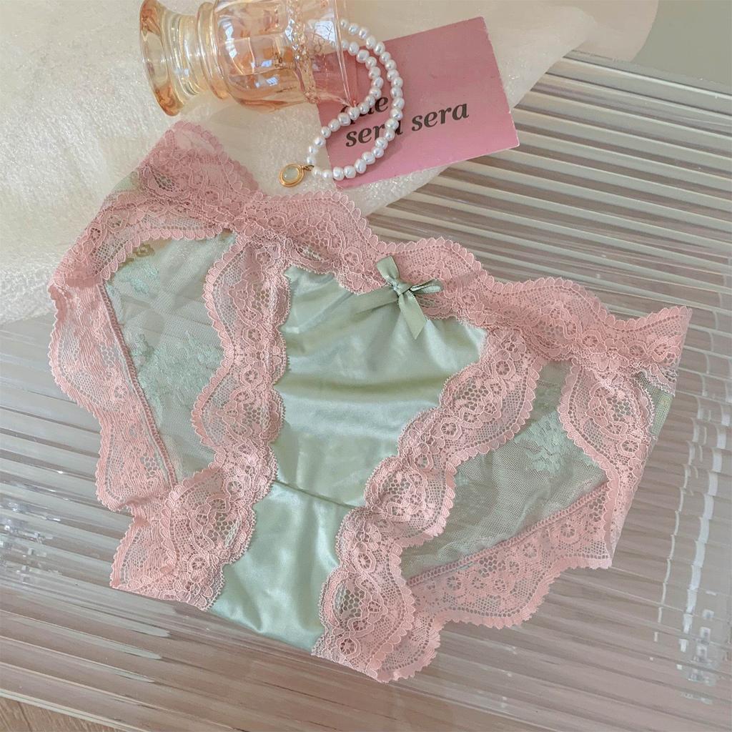 Girls Summer Sexy Lace High Split Satin Mesh Gauze Pure Breathable Cotton Crotch Low Waist Triangle Briefs