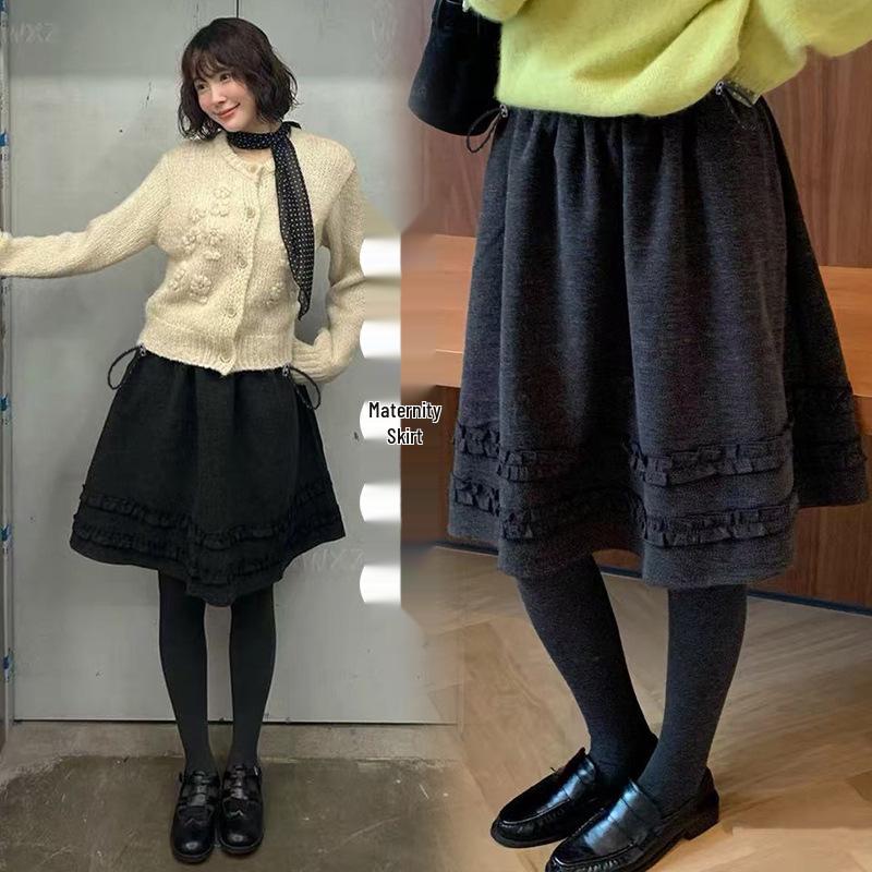 2025 Autumn/Winter Korean Style Adjustable Maternity Midi Skirt with Double-Layered Ruffle Hem Medium