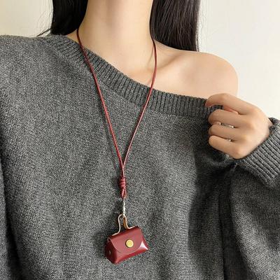 Portefeuille Mini en Cuir Vintage Collier Femmes Mode Porte-Clés Pendentif Chaîne Longue Accessoire