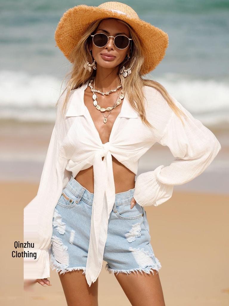 Long-Sleeve Bamboo Cotton Beach Cover-Up with Front Tie for Women