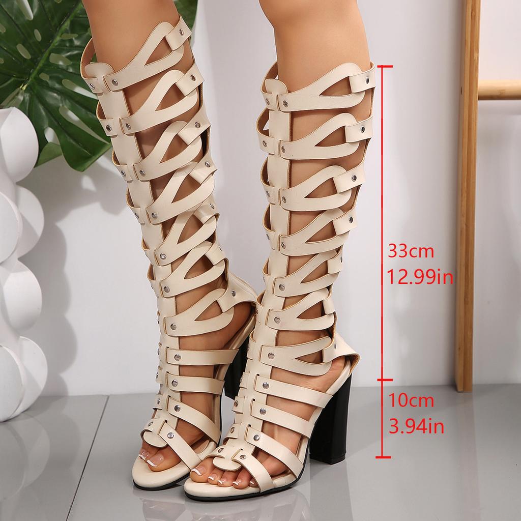 Large size summer new hollow thick heel open-toed women's cool boots British style rear zipper versatile casual women's shoes